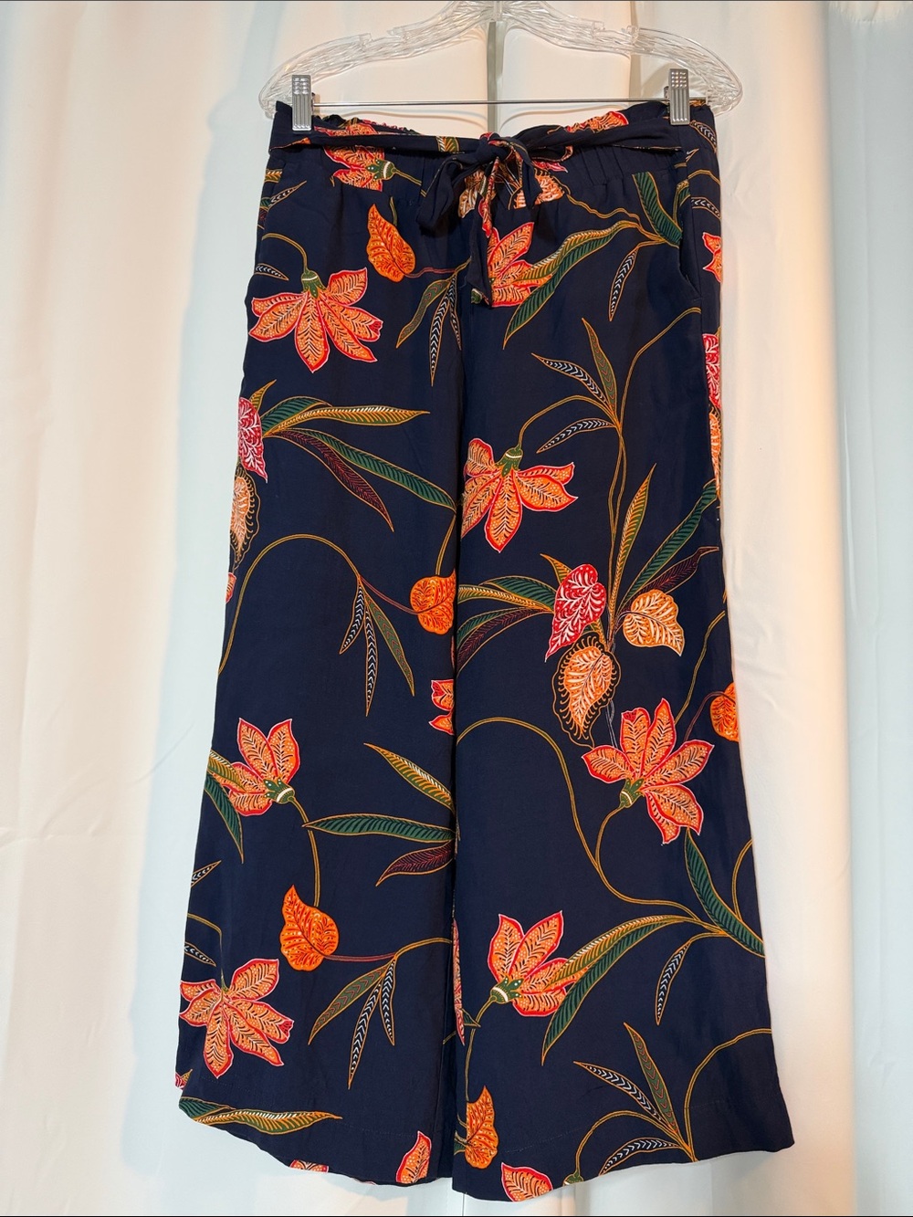 LOFT Navy Wide-Leg Tropical Boho Floral Tie-Waist Palazzo Pants Sz M B7